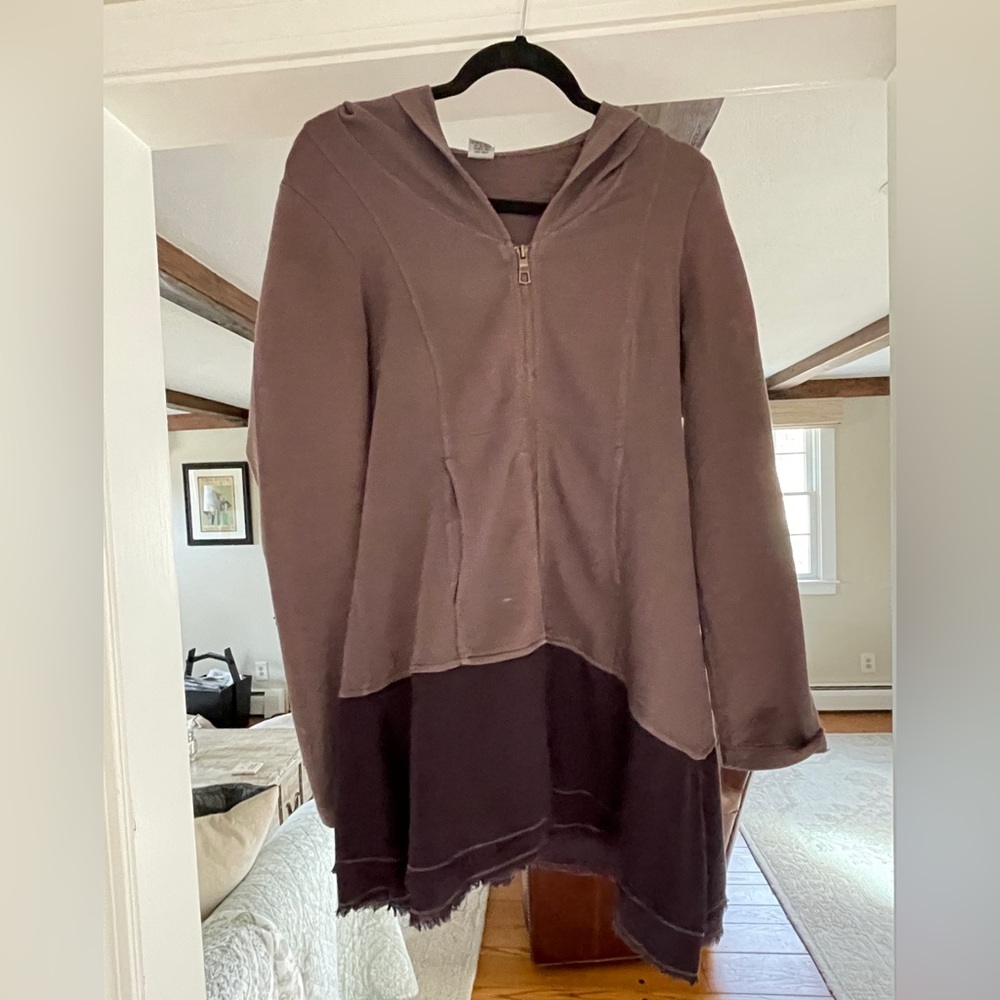XCVI asymmetrical front zip hooded sweatshirt with contrast hem.